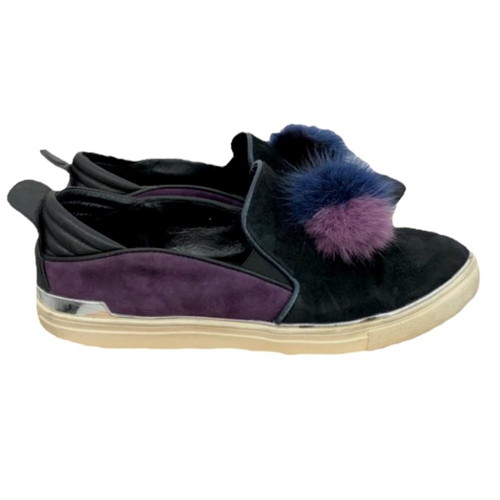 The Wishbone Collection Black and purple suede Pom Pom slip  on sneakers size 9
